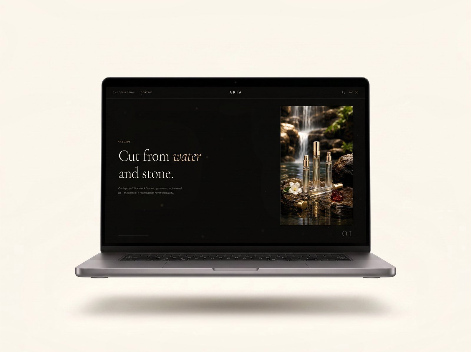 Aria Scents website on a floating laptop