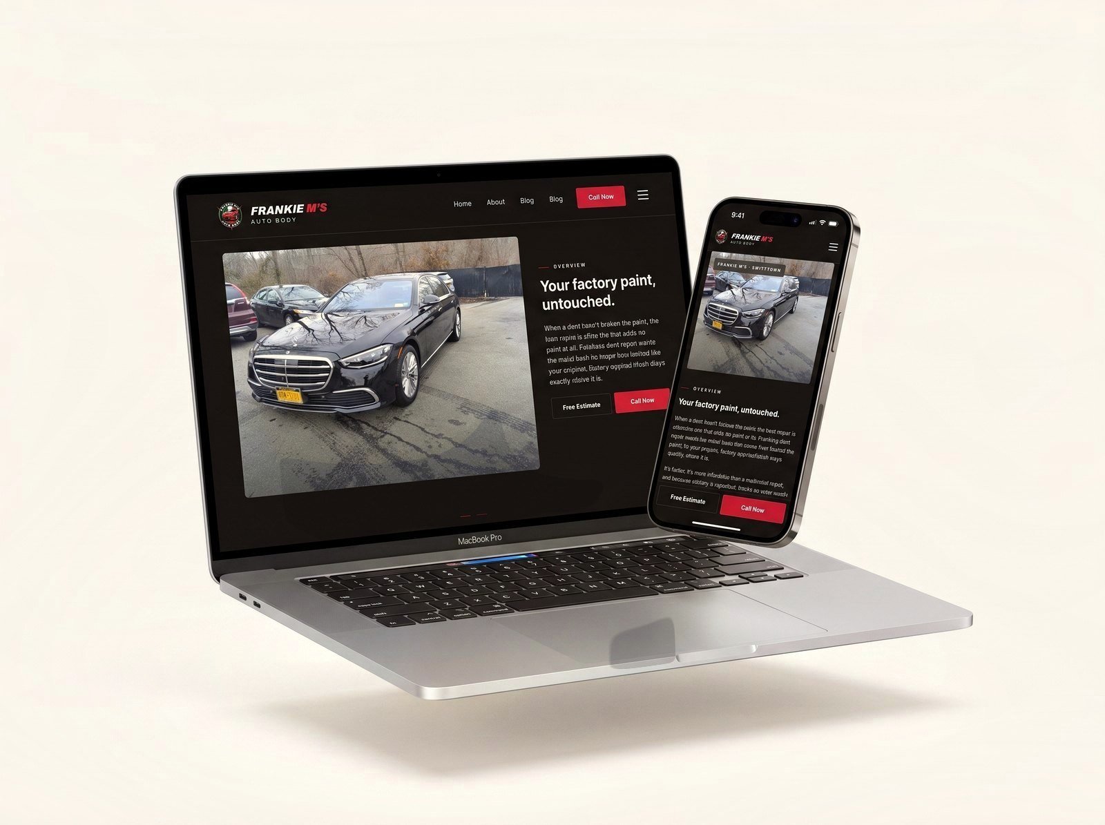 Frankie M's Autobody website on a floating laptop