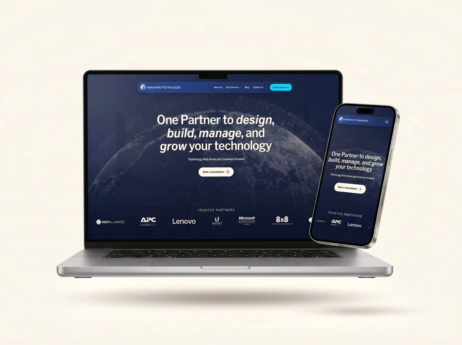 Hardwired Technologies website on a floating laptop
