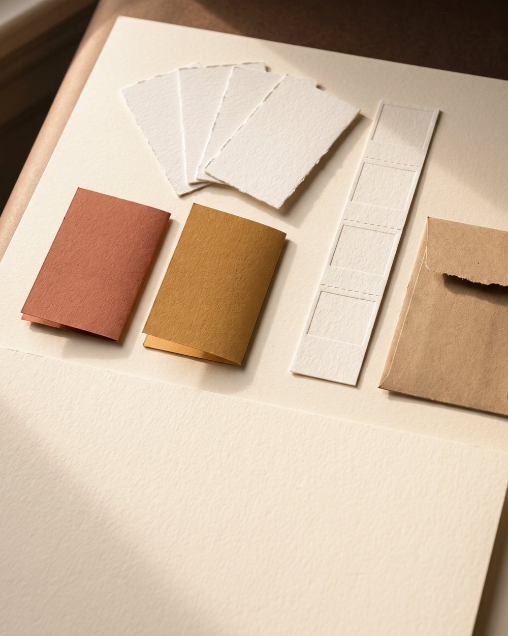 A brand identity kit of blank letterpress cards, clay and honey paper swatches, and a kraft envelope