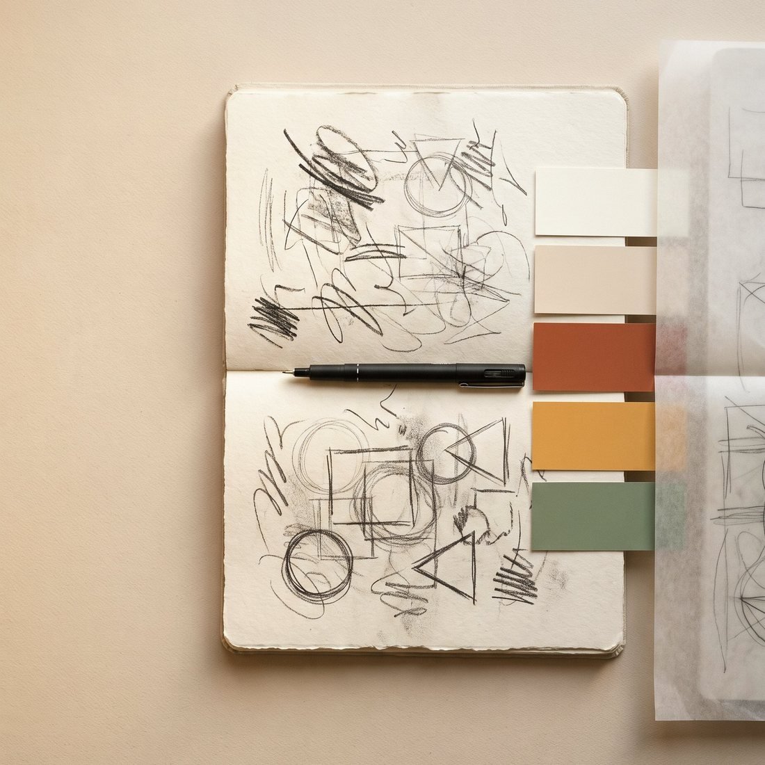 An open sketchbook of logo mark studies beside a strip of brand colour swatches