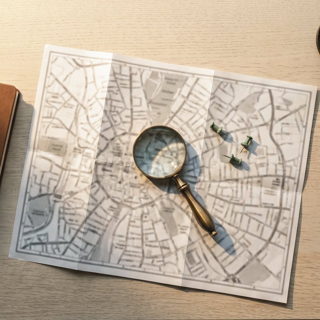 A folded street map with a magnifying glass and green pins marking service areas