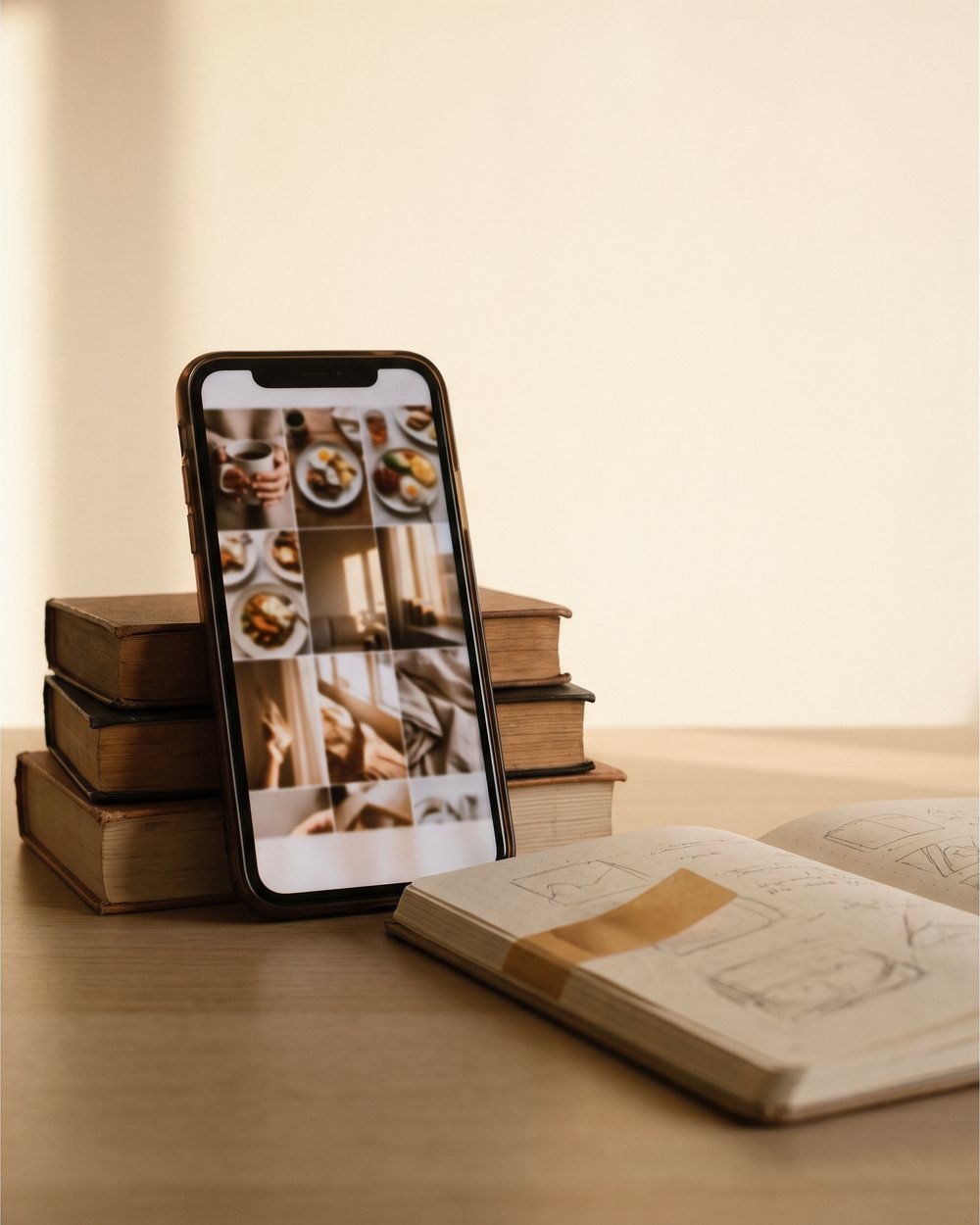 A phone propped on a warm desk showing a grid of social posts for a small brand