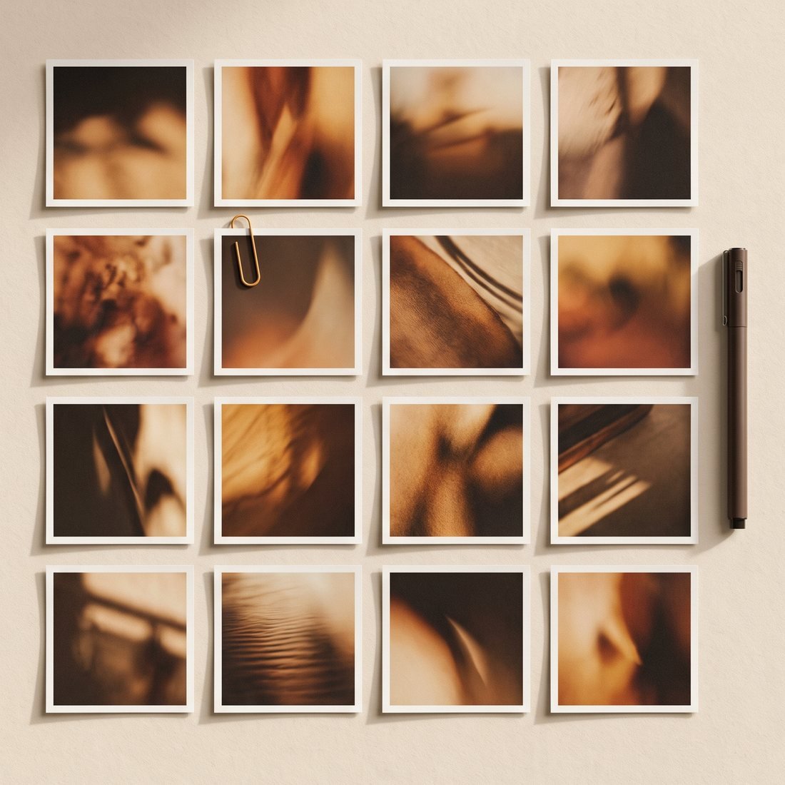 A month of social posts laid out as printed cards in a calendar grid