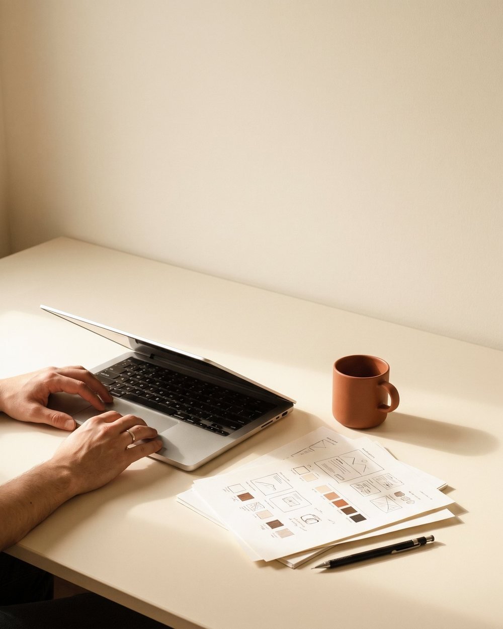 A gdj designer hand-building a website layout at a cream desk, printed wireframes and a clay mug alongside
